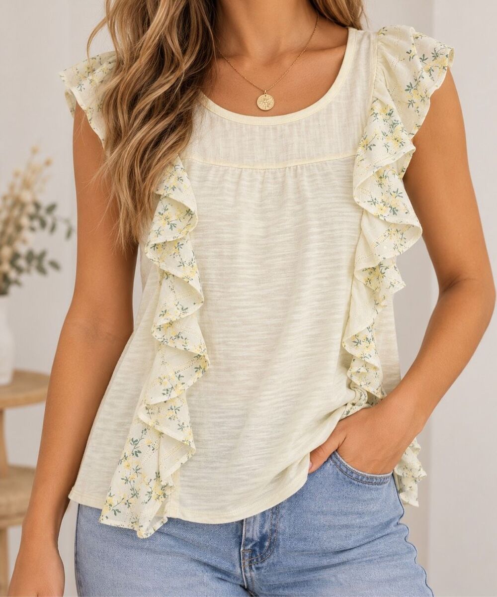 Hem & Thread Small Ivory Floral Ruffle Sleeveless Blouse Cottagecore Boho